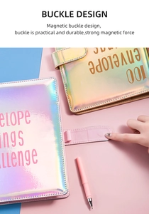 Detail of pink laser PU binder with magnetic buckle design for money saving challenge