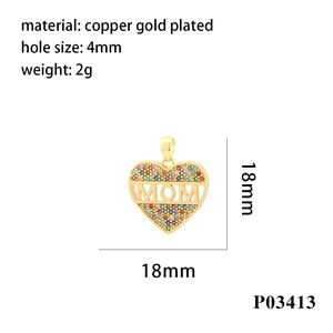 Macro detail of 18K gold plated heart MOM pendant with colorful zircon and size specs