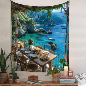 Detail of Mediterranean landscape tapestry showing ocean view and coastal dining scenery