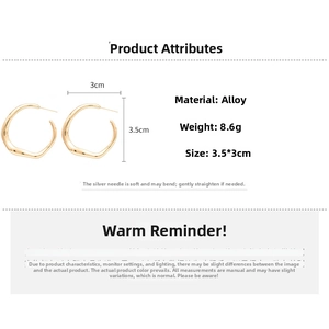 Detail showing irregular gold geometric hoop earrings with size specifications and alloy material