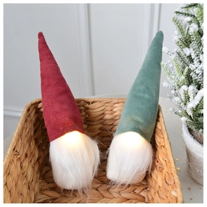 Detail of glowing Christmas gnomes with warm LED lights and long white beards in a basket
