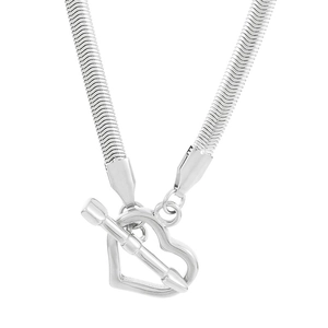 Chic silver titanium steel snake chain necklace with heart toggle clasp on white background