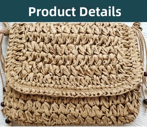 Close-up of woven straw bag texture with flap design and dark brown wooden bead accents