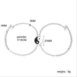 Yin Yang Tai Chi couple bracelets with heart pendant in polished stainless steel