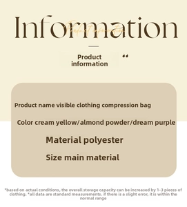 Specifications chart for polyester compression travel bags in cream, pink, and purple