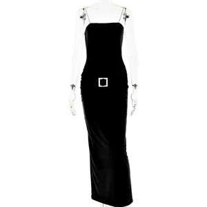 Detail of metal chain straps and square buckle on black slim fit backless maxi dress
