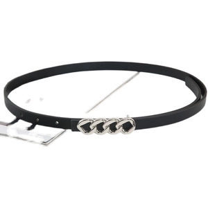 Women's minimalist black skinny leather belt featuring a stylish silver chain buckle