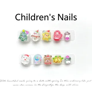 Kids Christmas press-on nails with 3D cartoon Santa, snowman and glitter silver finish