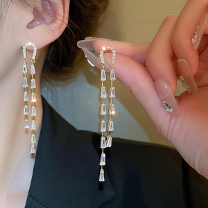 U-Shaped Long Tassel Drop Earrings Alloy Zircon Rhinestone With 925 Sterling Silver Earring Post Elegant Women Jewelry