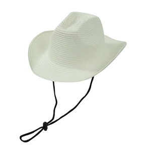 Classic white woven straw cowboy hat with adjustable chin strap for sun protection
