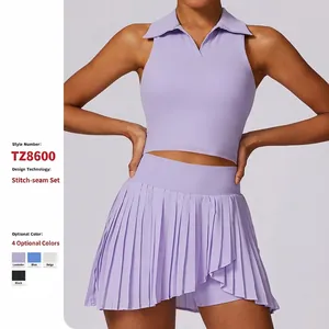 Women's Sleeveless Polo Neck Yoga Tennis Suit With Pleated Skirt Polyamide Elastane Moisture Wicking Top And Bottom Sport Set