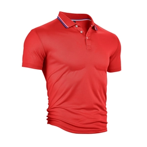 Close-up detail of red polo shirt collar featuring classic red, white and blue striped trim