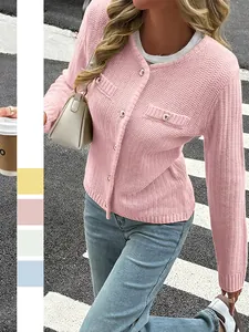 Women Knit Cardigan Round Neck Gold Buttons Long Sleeve Textured Acrylic Sweater Casual Chic Elegant