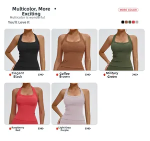 Griglia di dettagli che mostra top da yoga allacciati al collo in cinque colori con retro a Y