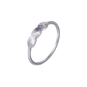 Detailed view of silver minimalist ring featuring triple circular textured motifs