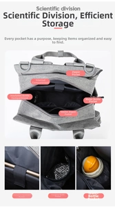 Macro detail of the interior compartments with insulated bottle pockets in the gray diaper bag