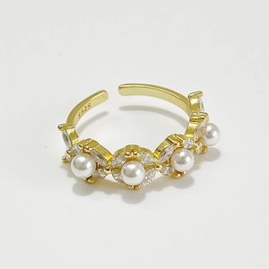 Flower Artificial Pearl Ring 925 Sterling Silver With Cubic Zirconia Open Adjustable Gold Plated Fashion Jewelry For Women