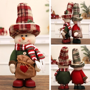 Standing Christmas snowman plush doll with burlap top hat and red green plaid decorations