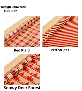Detailed views of red grid, stripes and deer patterns on kraft Christmas wrapping paper