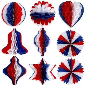 Red white and blue honeycomb paper ornaments set for USA Independence Day party decor