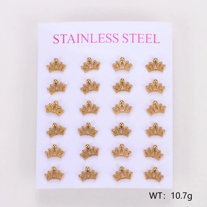Set of 24 gold plated stainless steel crown earrings on a white display card
