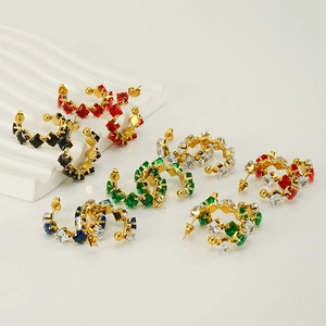 18K gold-plated C-shaped earrings with colorful square-cut cubic zirconia crystals
