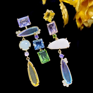 Asymmetrical Candy Color Artificial Crystal Drop Earrings Luxury Geometric Zirconia Alloy Jewelry With Silver Earring Post