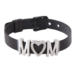 Adjustable black stainless steel mesh MOM bracelet with rhinestone heart and belt buckle