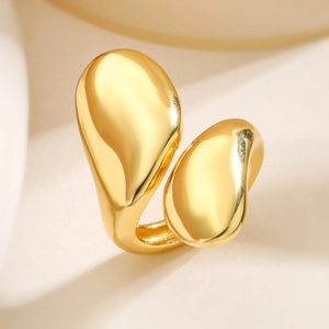 Polished 18K gold-plated irregular geometric open ring with dual teardrop design