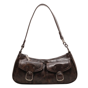 Vintage PU Leather Underarm Bag For Women Retro Crescent Hobo Shoulder Bag With Buckle Pockets Urban Stitching Fashion Bag