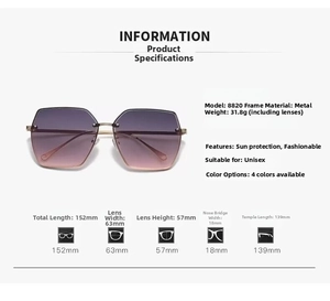 Detailed dimensions of oversized rimless sunglasses with purple gradient lenses