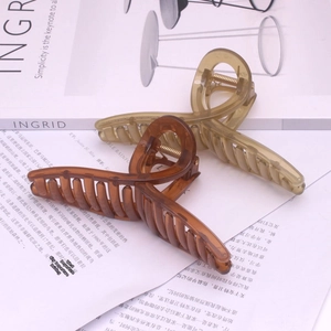 Detail of amber and light brown translucent shark hair claw clips on a magazine page