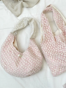 Pink floral lace canvas tote bag and shoulder bag with daisy embroidery for women