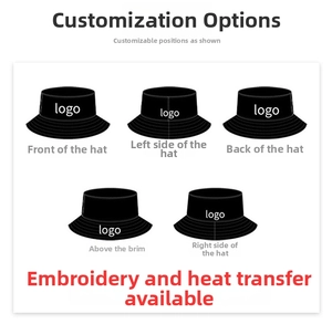 Custom logo placement diagram for bucket hats showing embroidery and printing areas