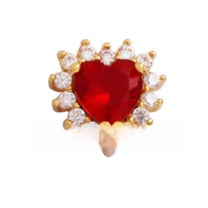 Detailed view of a gold heart charm with red zircon center and white crystal halo
