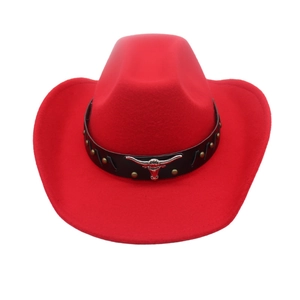 British style red wool felt cowboy hat with silver bull head emblem and black leather band