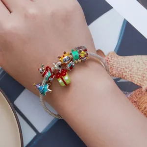 S925 silver Christmas charm bracelet with colorful enamel tree and gift pendants