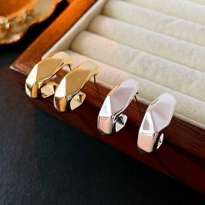 Geometric C Shape Stud Earrings With 925 Sterling Silver Earring Post Gold Plated Irregular Textured Minimalist Fashion