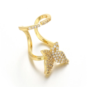 Golden butterfly fingernail ring with shimmering zircons and adjustable wavy band