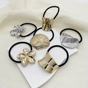 Fashion Alloy Rhinestone Hair Tie High Elasticity Metal Hairband Individual Shell Flower Leaf Ponytail Holder Women Hair Accessories