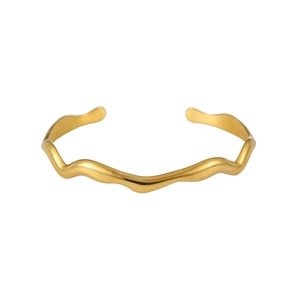 Elegant gold wavy open bangle made of polished stainless steel for a minimalist look