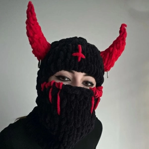 Knitted Halloween Balaclava mask with red devil horns and black punk style design