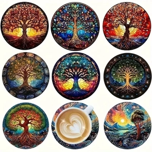8-piece set of Tree of Life coasters with vibrant stained glass patterns for dining table