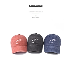 Detailed display of washed cotton baseball caps with fishhook embroidery in three colors