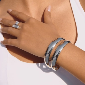 Sleek silver stainless steel double layered cuff bracelets and sparkling open ring set
