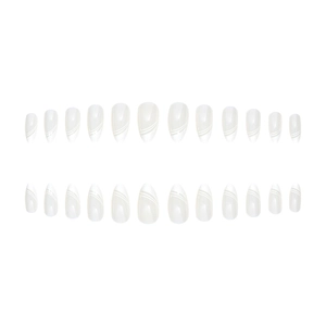 Minimalist white almond press-on nails with linear pattern for elegant daily manicure