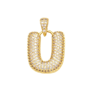 Close-up of gold-plated U-letter pendant with micro-paved sparkling zircon stones