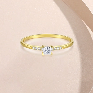 Elegant 925 sterling silver gold plated square zircon stacking ring with side diamonds