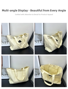 Detailed views of a beige canvas tote bag with floral print and interior pocket compartments