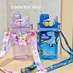 Detail of purple unicorn and blue dinosaur children's water bottles with straps